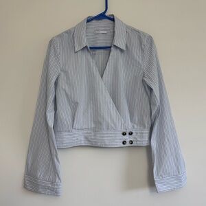 BLDWN Isla Skylight Blue and Optic White Striped Button Wrap Cropped Shirt